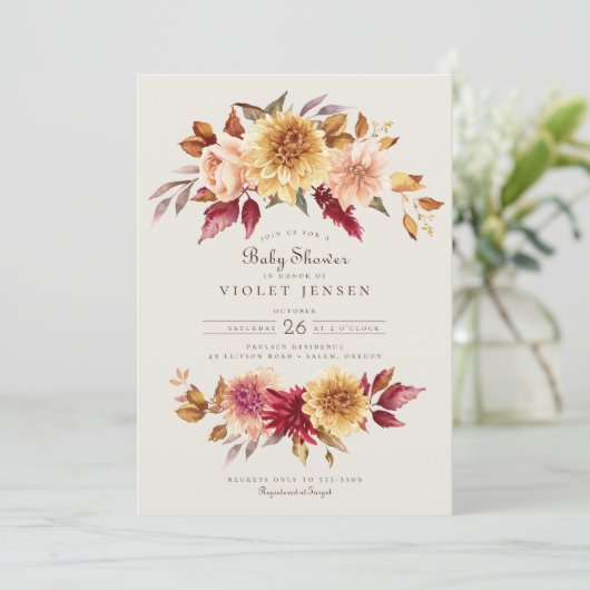 Rode Gele Herfst Bloemen Meisje Baby shower Kaart (Staand voorkant)