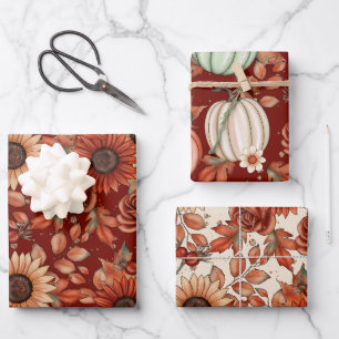 RODE & GELE HERFST ZONNEBLOEMEN & HERFSTPOMPOENEN INPAKPAPIER VEL