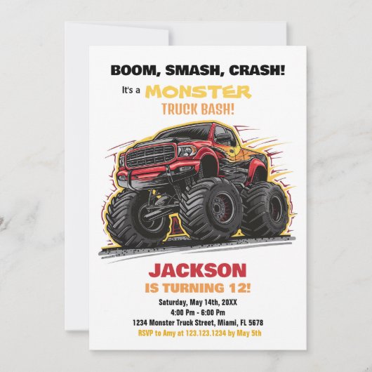 Rode gele monstertruck verjaardagsuitnodigingen kaart (Voorkant)