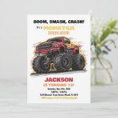 Rode gele monstertruck verjaardagsuitnodigingen kaart (Staand voorkant)