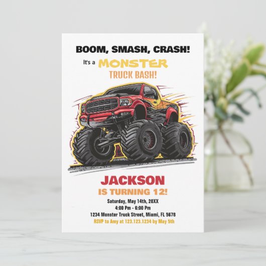 Rode gele monstertruck verjaardagsuitnodigingen kaart (Staand voorkant)