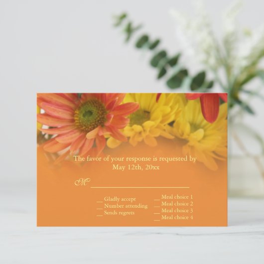 Rode, gele, oranje dagbloemen RSVP bruiloft (Staand voorkant)