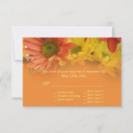 Rode, gele, oranje madeliefjes bloemen RSVP bruilo Kaartje