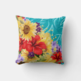 Rode, gele, paarse bloemen op Aqua Kussen
