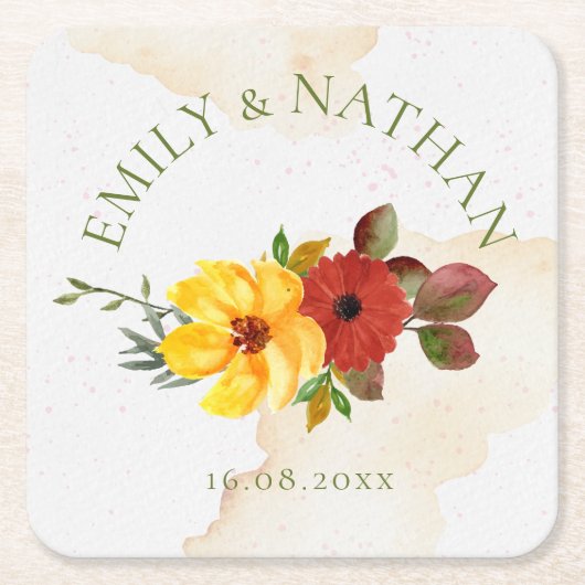  Rode Gele Waterverf Rustic Floral Wedding Kartonnen Onderzetters (Voorkant)
