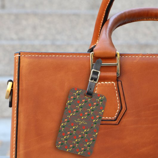 Rode gele wildbloemen bruin patroon Bagagelabel