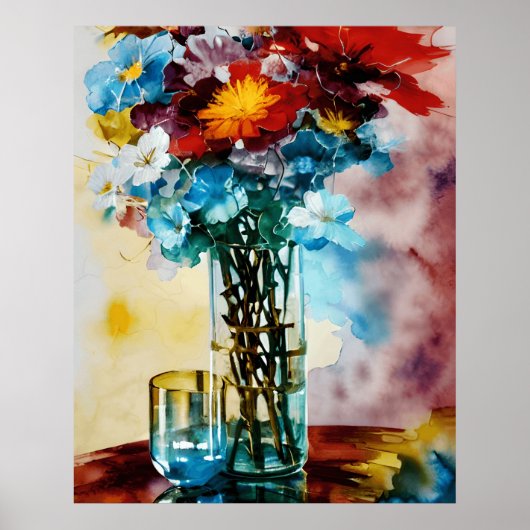 Rode gele witte blauwe bloemen op vaas abstract poster (Voorkant)