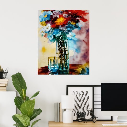 Rode gele witte blauwe bloemen op vaas abstract poster (Thuiskantoor)