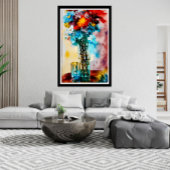 Rode gele witte blauwe bloemen op vaas abstract poster