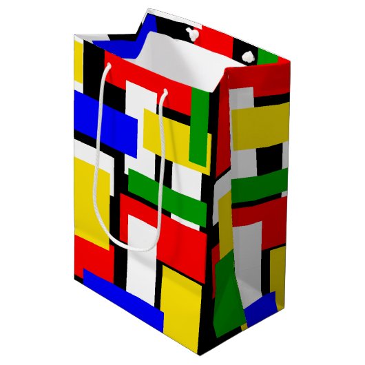 Rode, gele, zwarte, blauwe en groene blokken medium cadeauzakje (Voorkant Gekanteld)