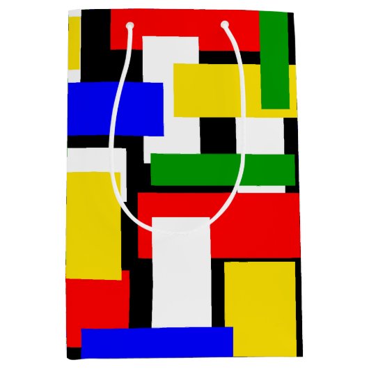 Rode, gele, zwarte, blauwe en groene blokken medium cadeauzakje (Voorkant)