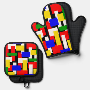 Rode, gele, zwarte, blauwe en groene blokken ovenwant & pannenlap set
