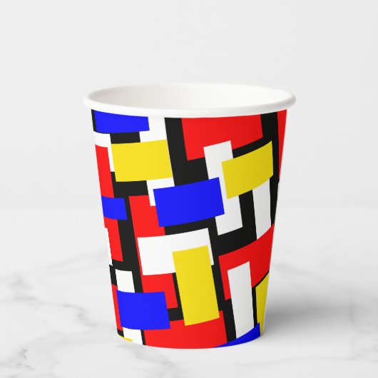 Rode, gele, zwarte, blauwe en groene blokken papieren bekers (Achterkant)