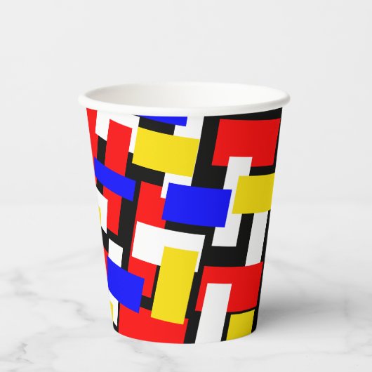 Rode, gele, zwarte, blauwe en groene blokken papieren bekers (Voorkant)
