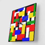 Rode, gele, zwarte, blauwe en groene blokken vierkante klok (Hoek)