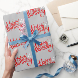 Rode Gelukkige Verjaardag op Grijs Cadeaupapier