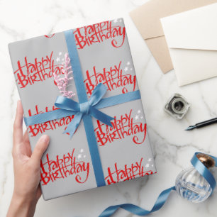 Rode Gelukkige Verjaardag op Grijs Cadeaupapier