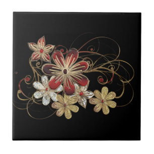 Rode Gemstone Flowers - Mooie gouden juweel Tegeltje
