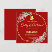 Rode geometrische bloemenChinese bruiloft bewaart  Kaart (Voorkant / Achterkant)