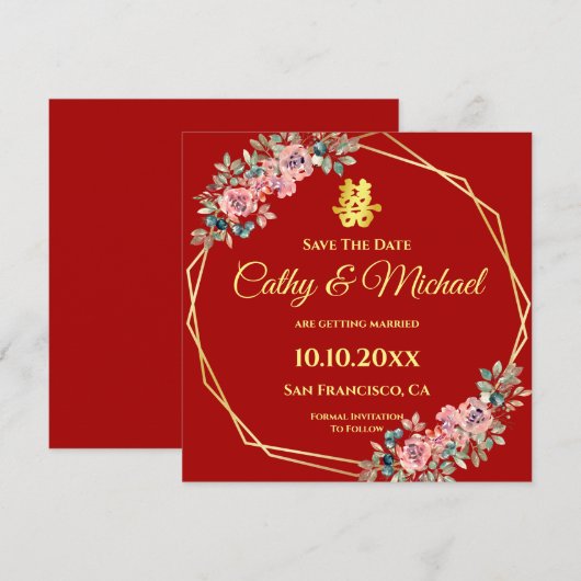 Rode geometrische bloemenChinese bruiloft bewaart  Kaart (Voorkant / Achterkant)