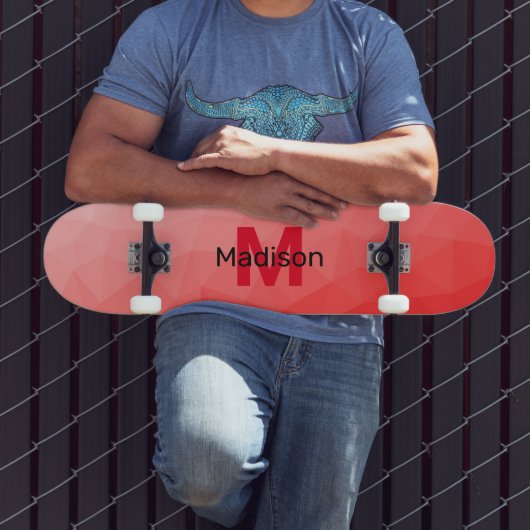 Rode geometrische meshpatroon met verloop Monogram Persoonlijk Skateboard (Buiten 3)