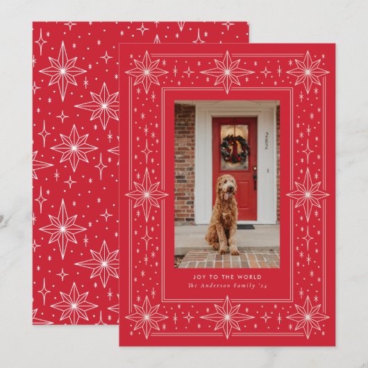 Rode geometrische sterrand Kerstfoto Feestdagenkaart (Voorkant / Achterkant)