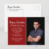 Rode gepersonaliseerde foto afstudeerfeest briefkaart (Voorkant / Achterkant)