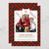 Rode geplakte kerstmonogram fotokaart feestdagenkaart (Voorkant / Achterkant)