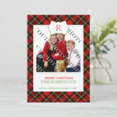Rode geplakte kerstmonogram fotokaart feestdagenkaart (Staand voorkant)