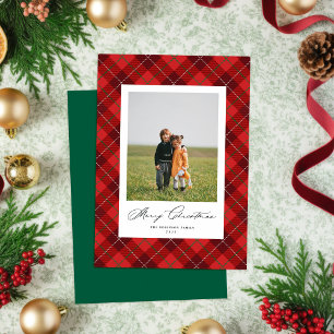 Rode geplakte kerstvakantie fotokaart feestdagenkaart
