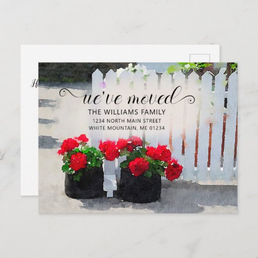 Rode Geranium Bloempotten Piket Hek Bewegend Aankondigingskaart (Voorkant / Achterkant)