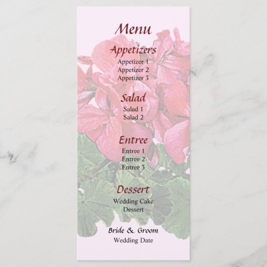 Rode Geraniums en Knoppen Trouwmenu Menu (Voorkant)