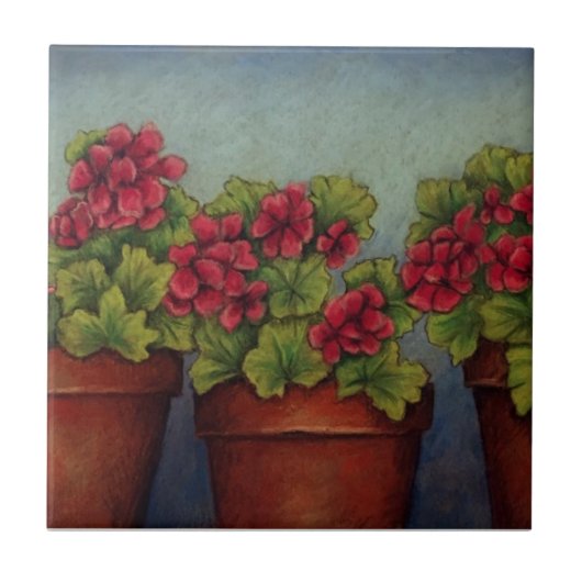 Rode Geraniums in kleipotten Tegeltje (Voorkant)