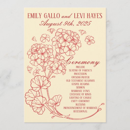 Rode Geraniums op Beige bruiloft Programmakaart (Voorkant)