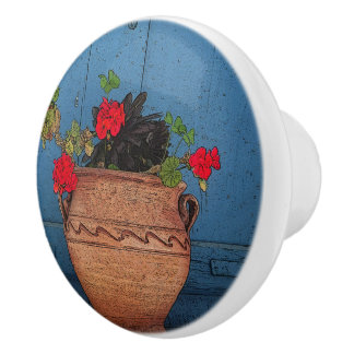 RODE GERANIUMS, TERRA COTTA POT, BLUE DEUR KERAMISCHE KNOP