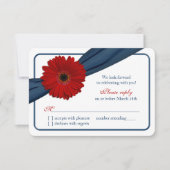 Rode Gerber Daisy Marine Blauw Lint Bruiloft RSVP (Voorkant)