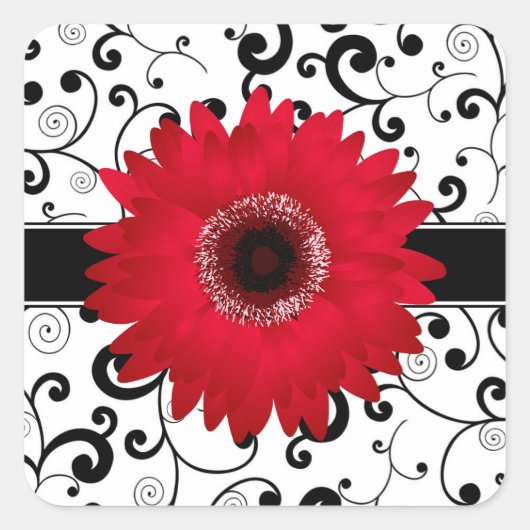 Rode Gerbera Daisy met zwarte Scroll Design Seal Vierkante Sticker (Voorkant)