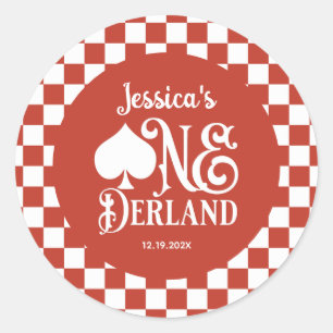 Rode geruite Alice in ONEderland 1e verjaardag Ronde Sticker
