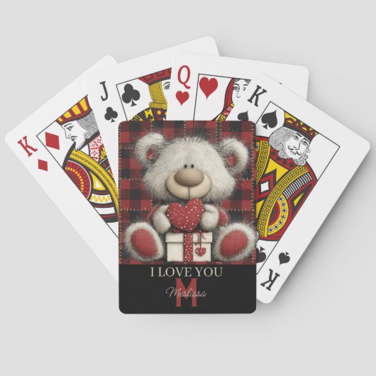 Rode geruite beer Ik hou van jou aangepaste naam m Pokerkaarten (Achterkant)