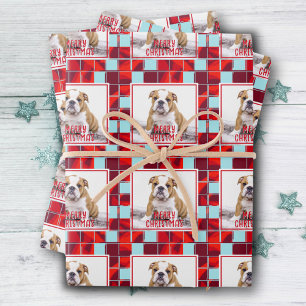 Rode geruite Bulldog Hond Foto Prettig Kerstfeest Inpakpapier Vel