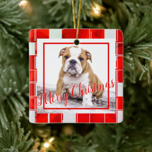 Rode geruite Bulldog Hond Foto Prettig Kerstfeest  Keramisch Ornament