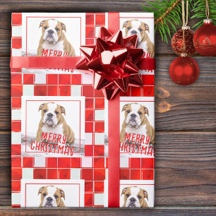 Rode geruite Bulldog-hond Foto Vrolijk Kerstfeest Cadeaupapier
