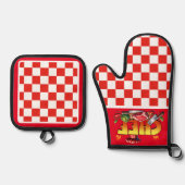 Rode geruite chef ovenwant & pannenlap set (Voorkant)
