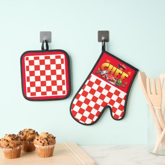 Rode geruite chef ovenwant & pannenlap set (Insitu(Ophanging))