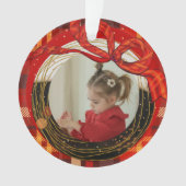 Rode geruite foto-ornament met handgetekend lint ornament (voorkant)