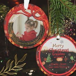 Rode geruite foto-ornament met handgetekend lint ornament