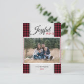 Rode geruite gezinsfoto met Kerst Feestdagenkaart (Staand voorkant)