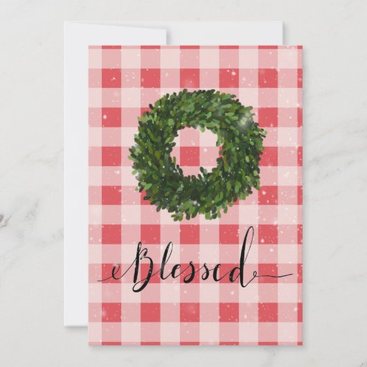 Rode geruite gingham kerst sneeuw krans feestdagenkaart (Voorkant)