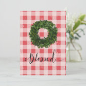Rode geruite gingham kerst sneeuw krans feestdagenkaart (Staand voorkant)