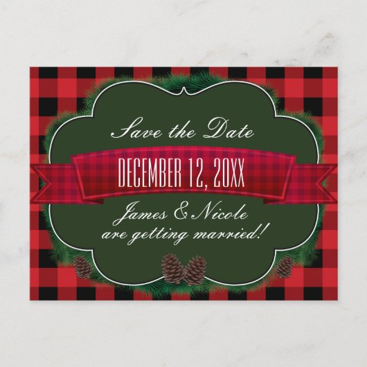 Rode geruite kabouter en dennenappels Rustieke lan Aankondigingskaart (Voorkant)